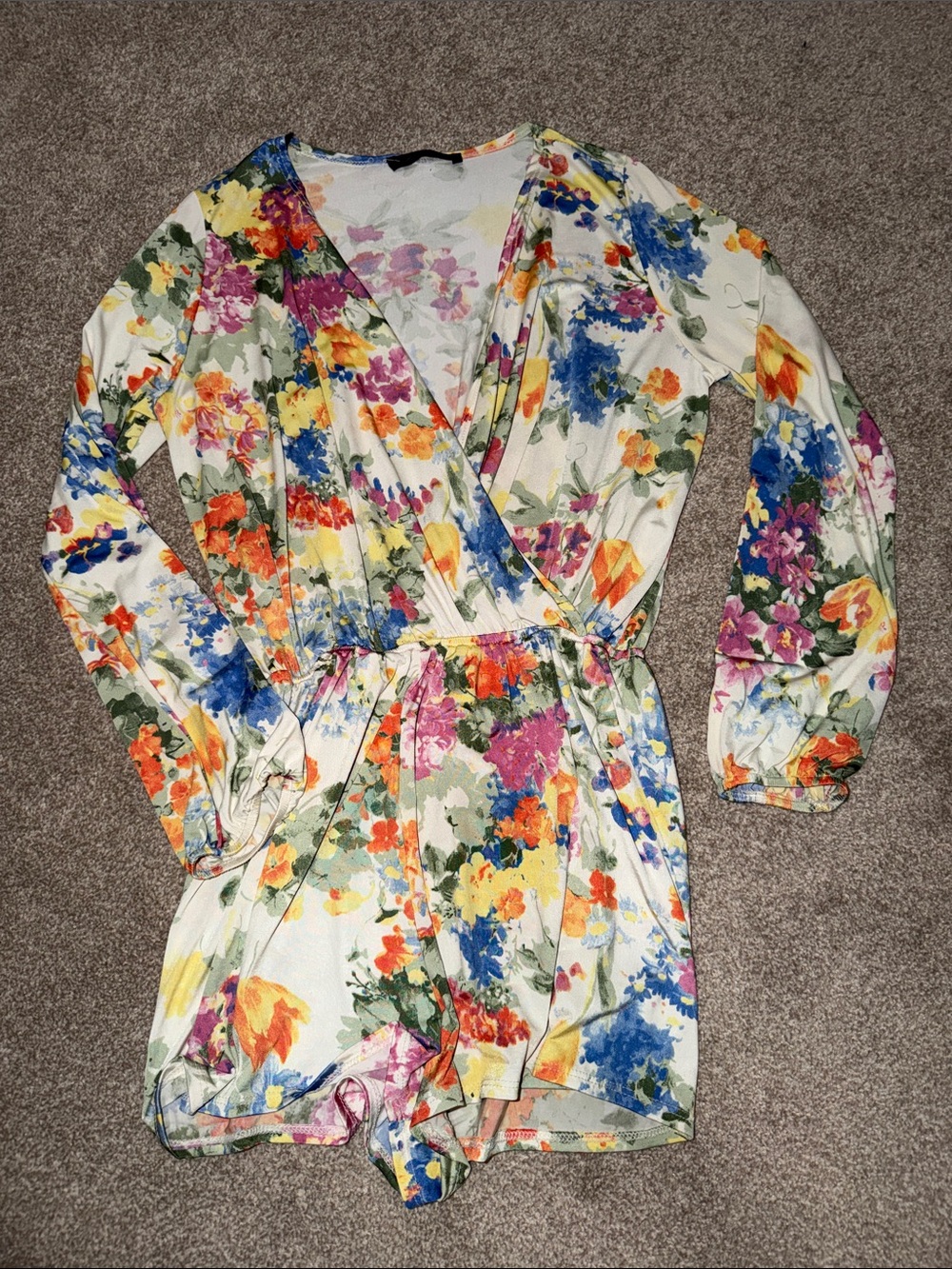 Honey Punch Floral Wrap Romper in White with Multicolor Blooms